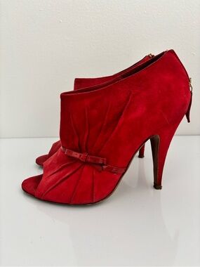Moschino Red Suede Peep-Toe High-Heel Booties with Bow